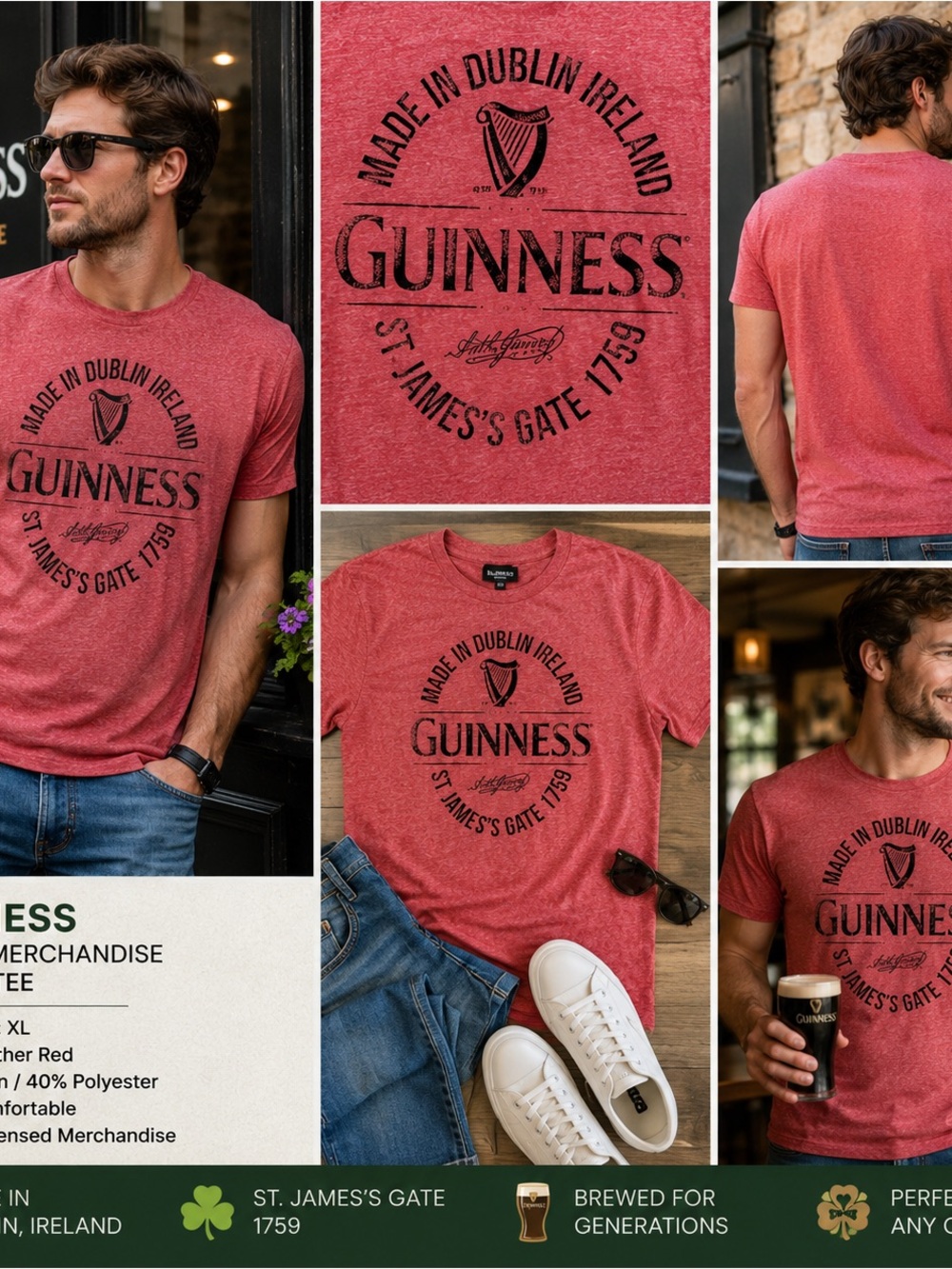 Guinness T Shirt Mens XL Heather Red Made In Dublin Ireland St James’s Gate 1758